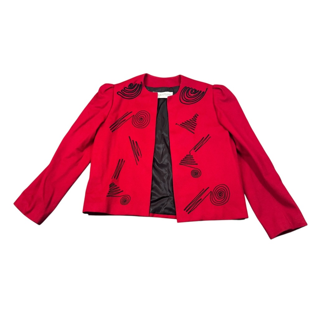 VTG Mary Ann Restivo Red Black Abstract Embroidered Wool Blazer Jacket Women 10